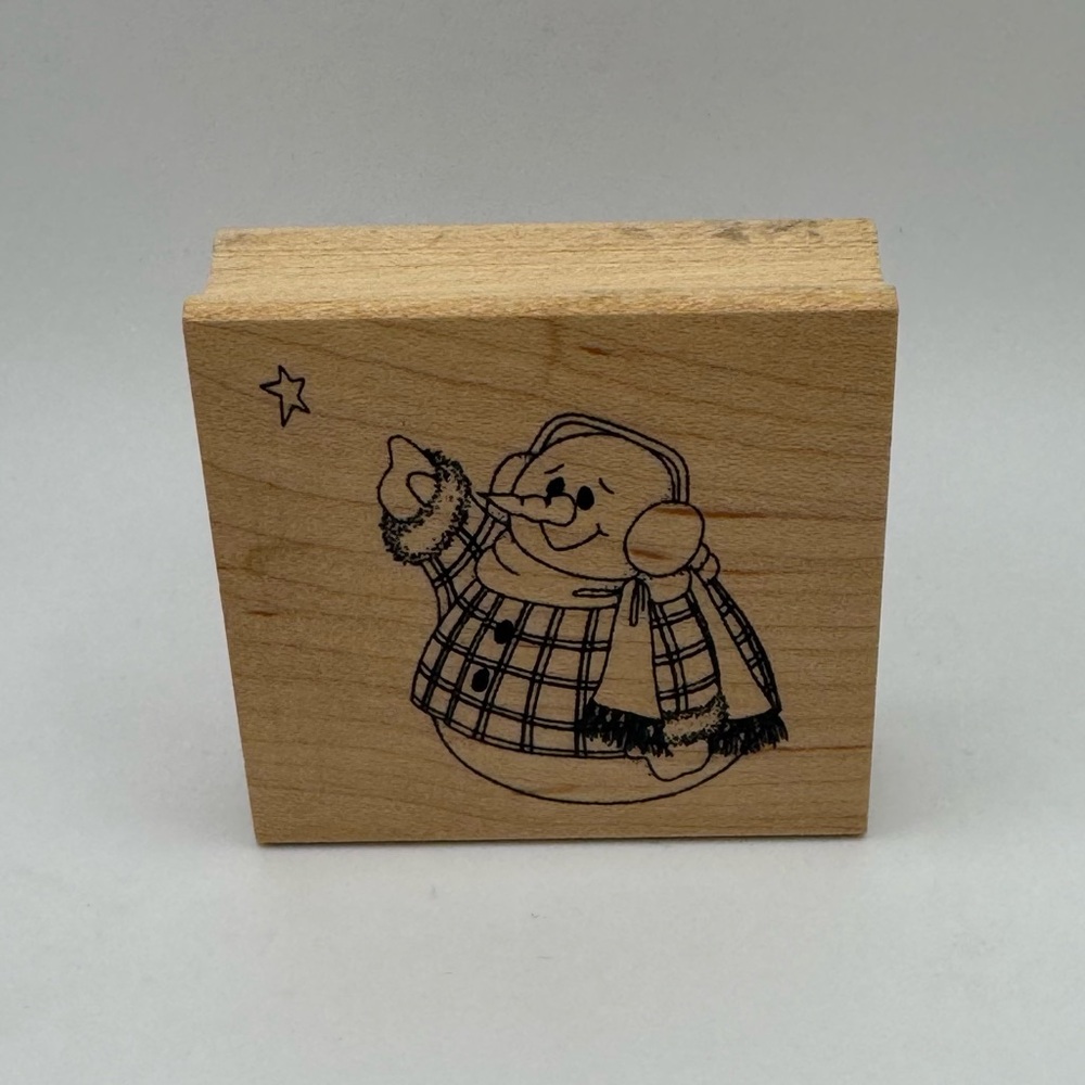 Wood-mounted Rubber Stamp depicting a Whimsical Snowman by Vicki Schreiner